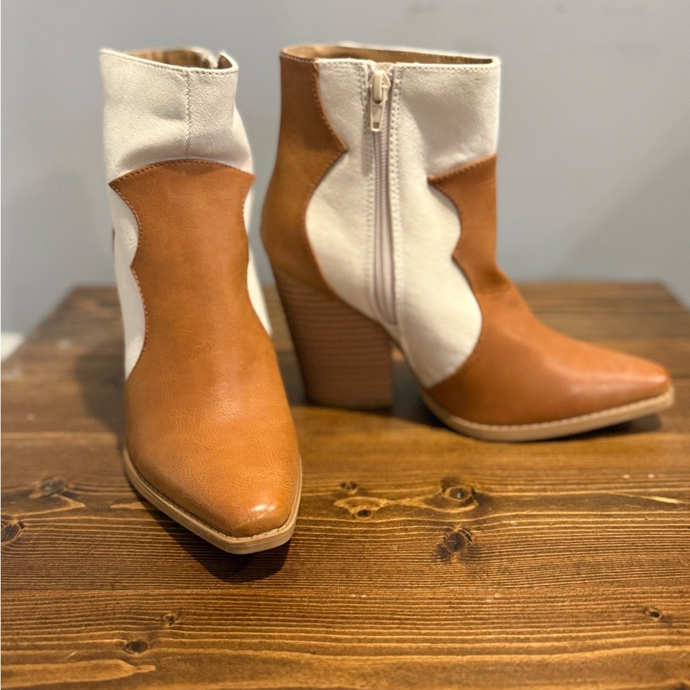 Pink Lily Tan and White Ankle Booties with Pointed Toe